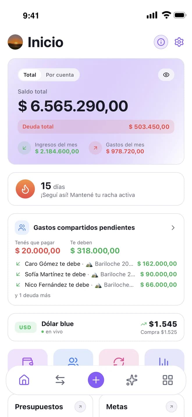 Pantalla de inicio de NIVOX con el saldo total
